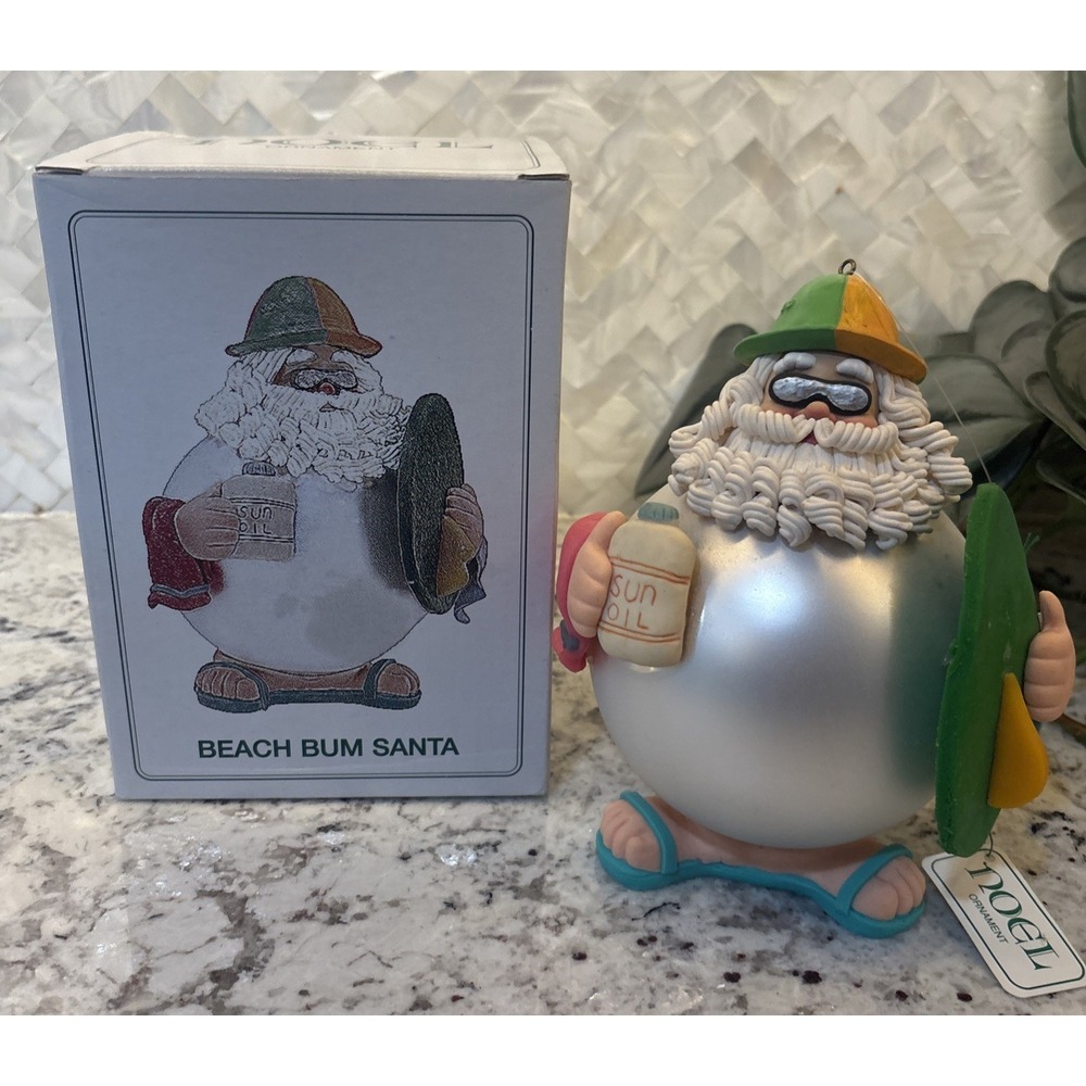 VTG Large Beach Bum Santa Department 56 Ornament Christmas Surfboard Sunny NOS